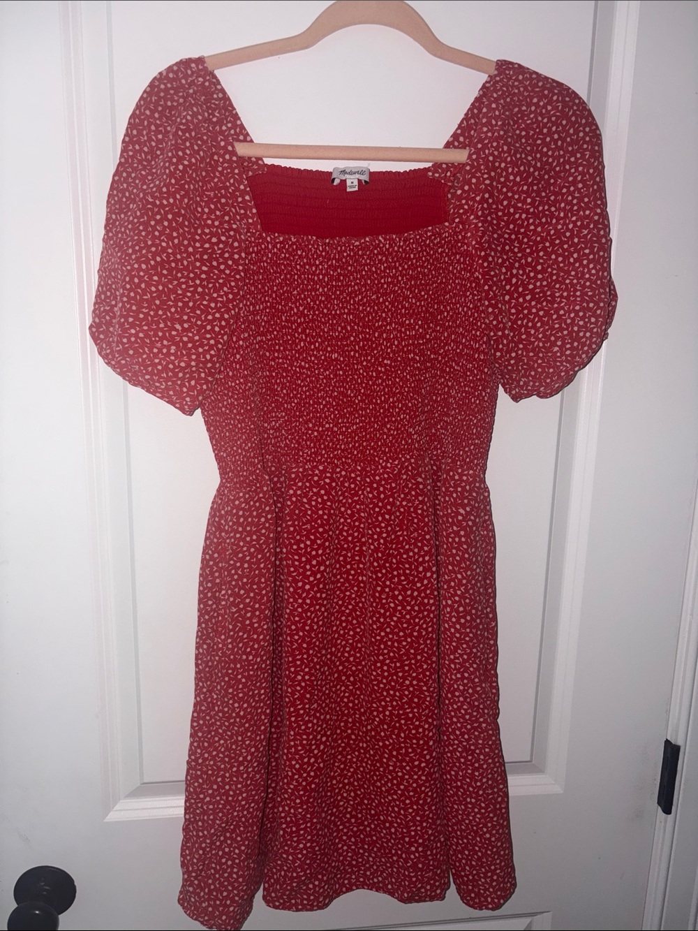 Madewell Red Smocked Mini Dress with Puff Sleeves